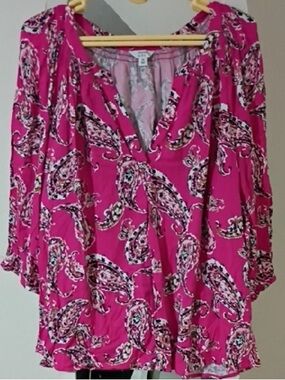 Crown & Ivy Fuchsia Lightweight 3/4 Sleeve Paisley Tunic, 2X